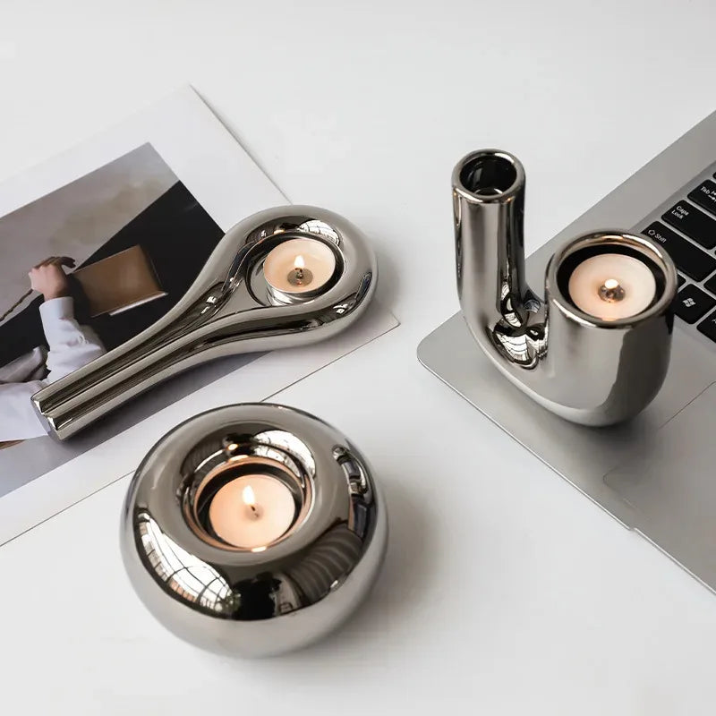 Luxury electroplating silver geometric ceramic candlestick by LAQTA with modern angular design for elegant home decor.