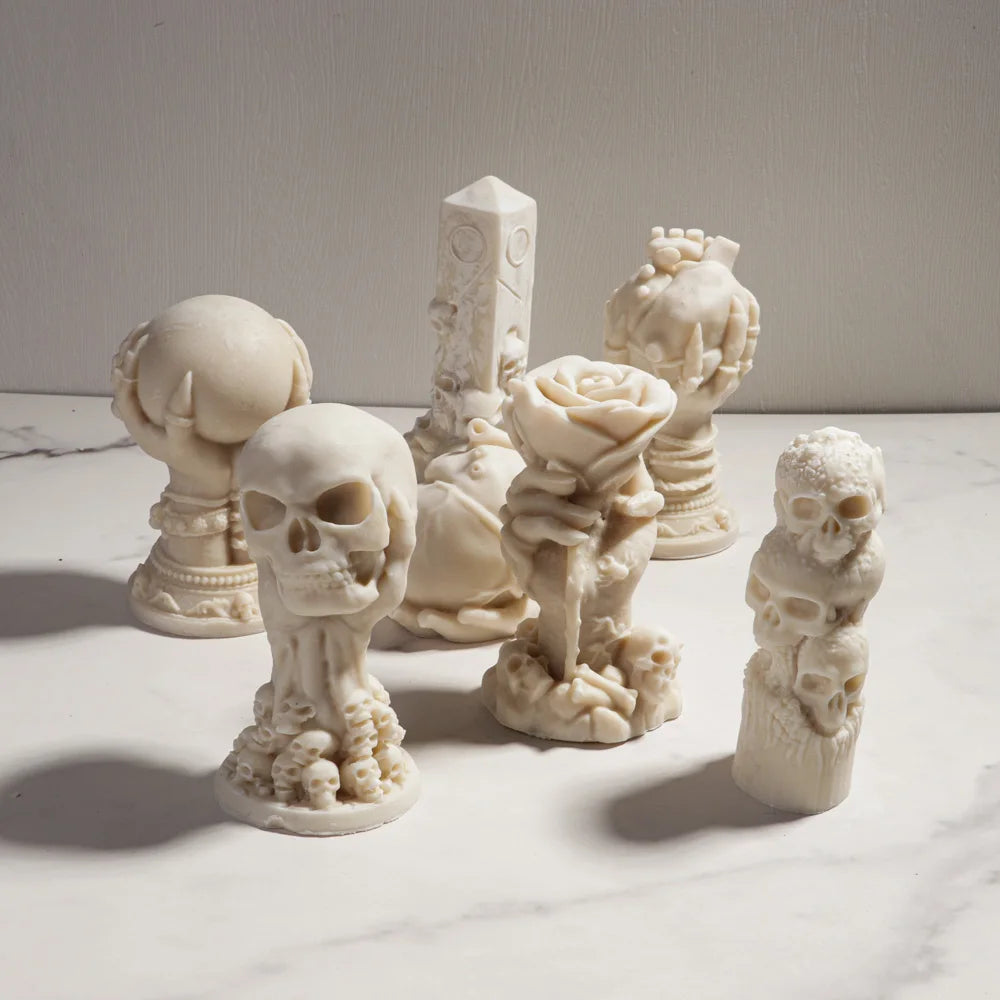 Silicone mold for rose relief skull candles by LAQTA, showing detailed skull and rose design in flexible black silicone material.