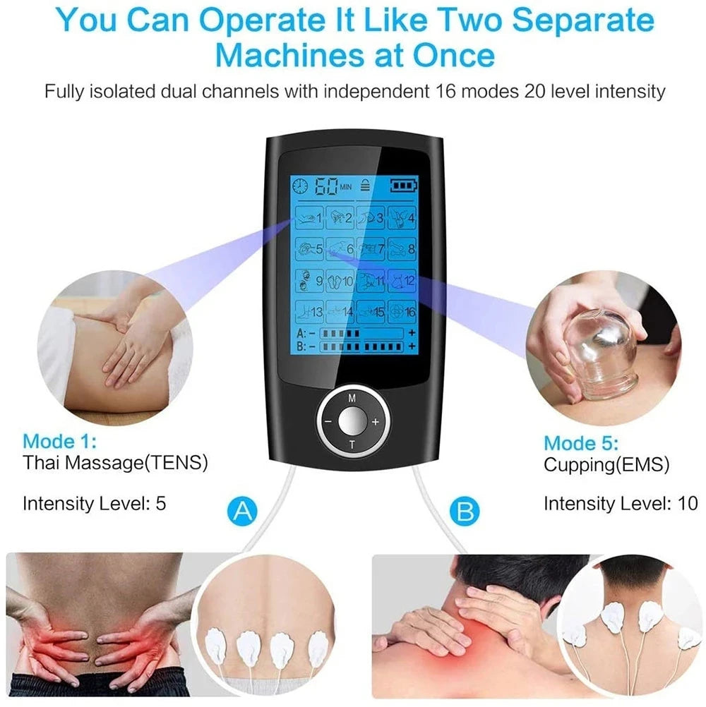 LAQTA Electric Tens Relax Muscle device with 16 modes, showing a sleek handheld unit with control panel and electrodes.