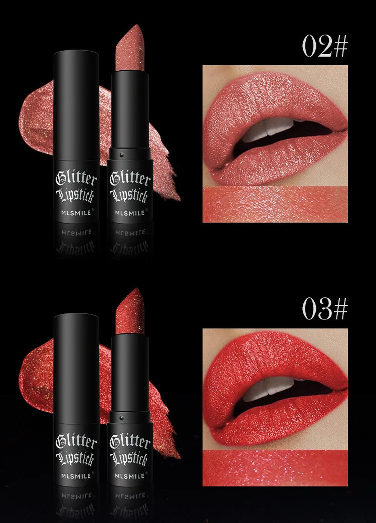 LAQTA glitter waterproof lipstick in vibrant shade, featuring a shiny, shimmering finish and smooth application.