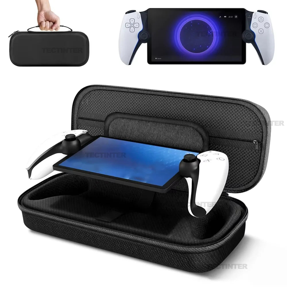 LAQTA EVA portable case bag for PS5, durable black protective storage with handle for gaming consoles and accessories.