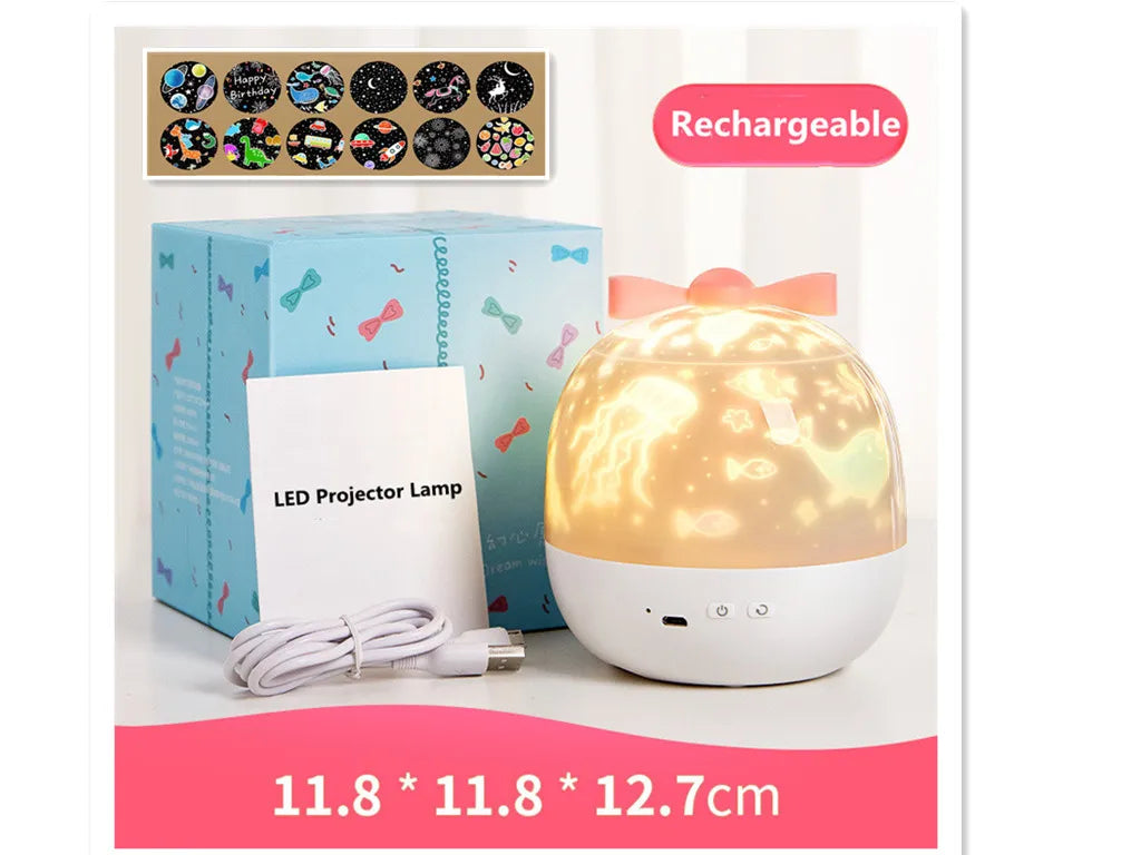 LAQTA Starry Projector Night Light displaying a starry sky projection on a dark wall.