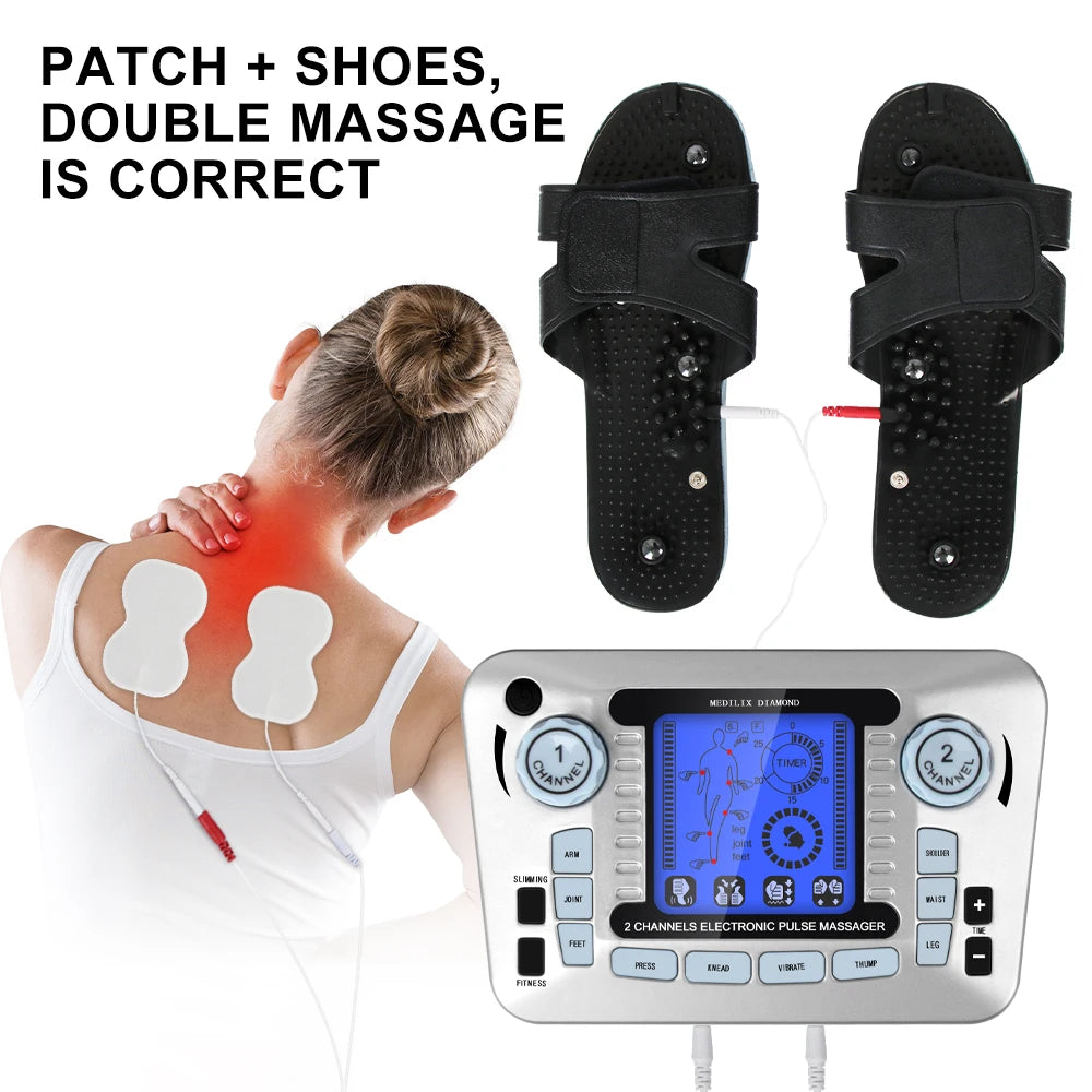 LAQTA digital electric pulse massager with 12 modes, showing the device with control buttons and display screen.