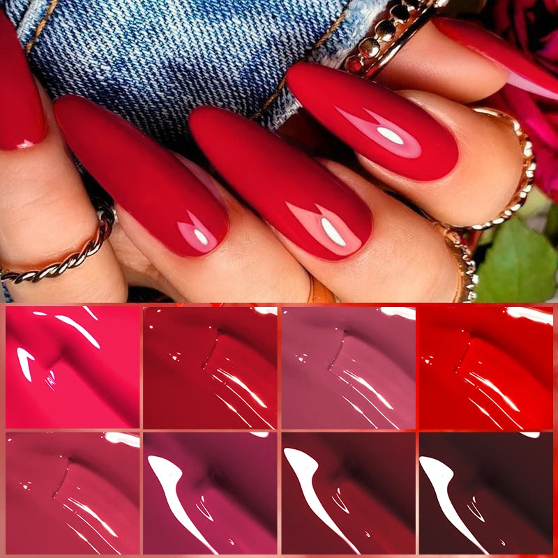 LAQTA Red Gel Nail Polish with crystal accents, showcasing a vibrant, glossy finish on a nail.