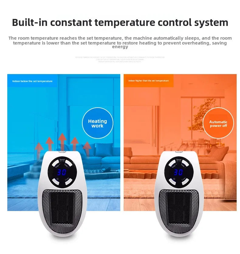 LAQTA Eco Plug-in Electric Heater showing compact design with adjustable temperature controls and power cord.