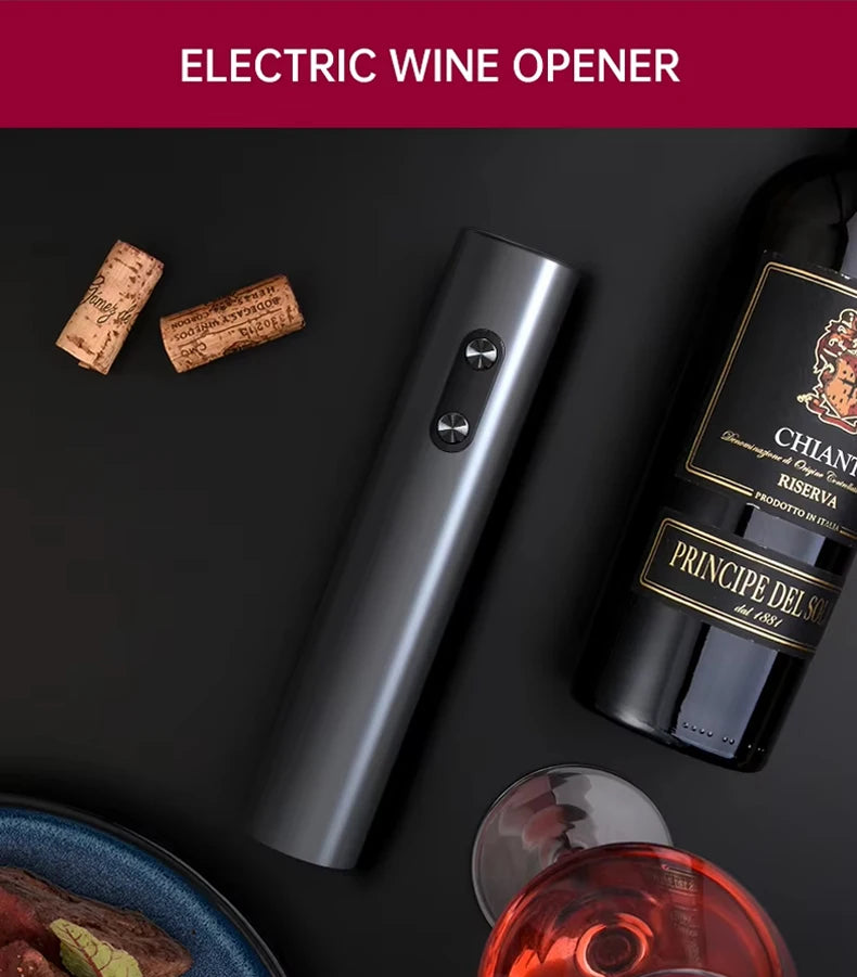 Automatic electric wine bottle opener by LAQTA with a sleek design, featuring a silver finish and open wine bottle.