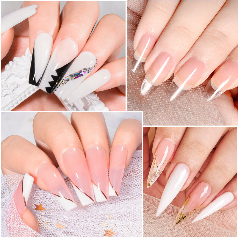 LAQTA Quick Extension Nail in clear acrylic, showcasing a sleek, natural-looking nail extension on a hand.