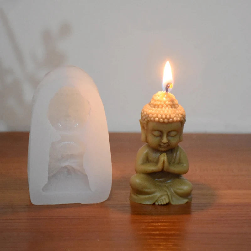 Silicone mold for Little Buddha candles by LAQTA, featuring detailed Buddha figure design for candle making and crafts.