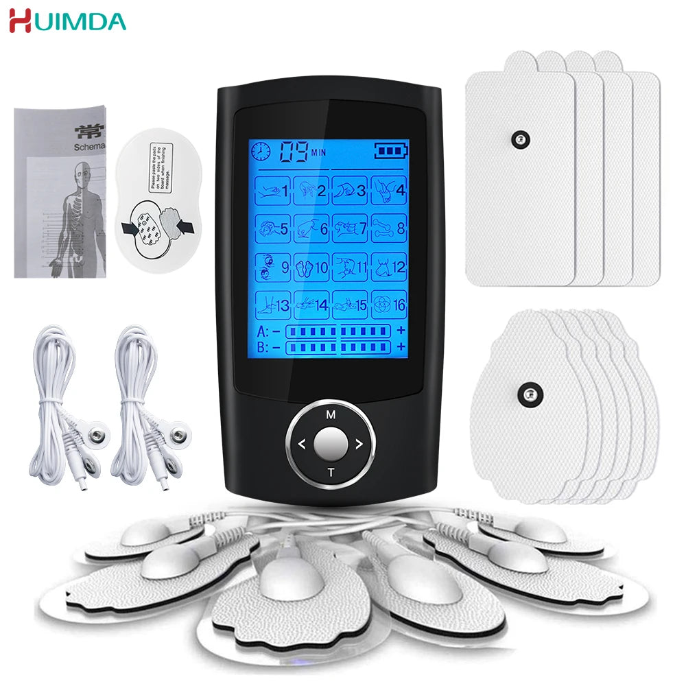 LAQTA Electric Tens Relax Muscle device with 16 modes, showing its sleek design and control panel for pain relief and muscle relaxation.