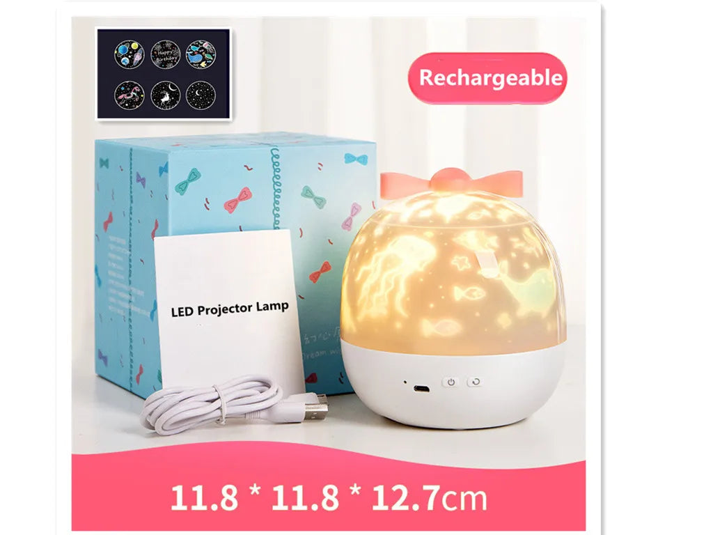 LAQTA Starry Projector Night Light displaying a starry sky pattern on a wall in a cozy room setting.