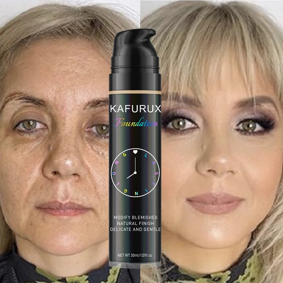 LAQTA liquid foundation in 8 shades, featuring a close-up of the smooth, creamy texture in a sleek bottle.