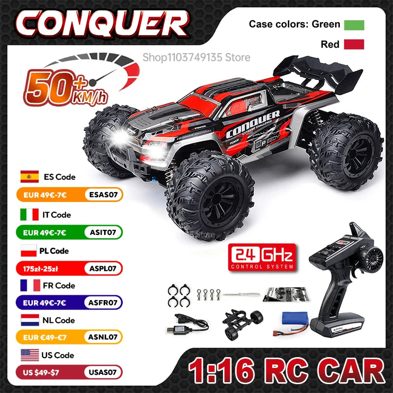 Large LAQTA RC car with 4WD and high-speed capability, shown in action on a paved surface, ready for fast outdoor fun.
