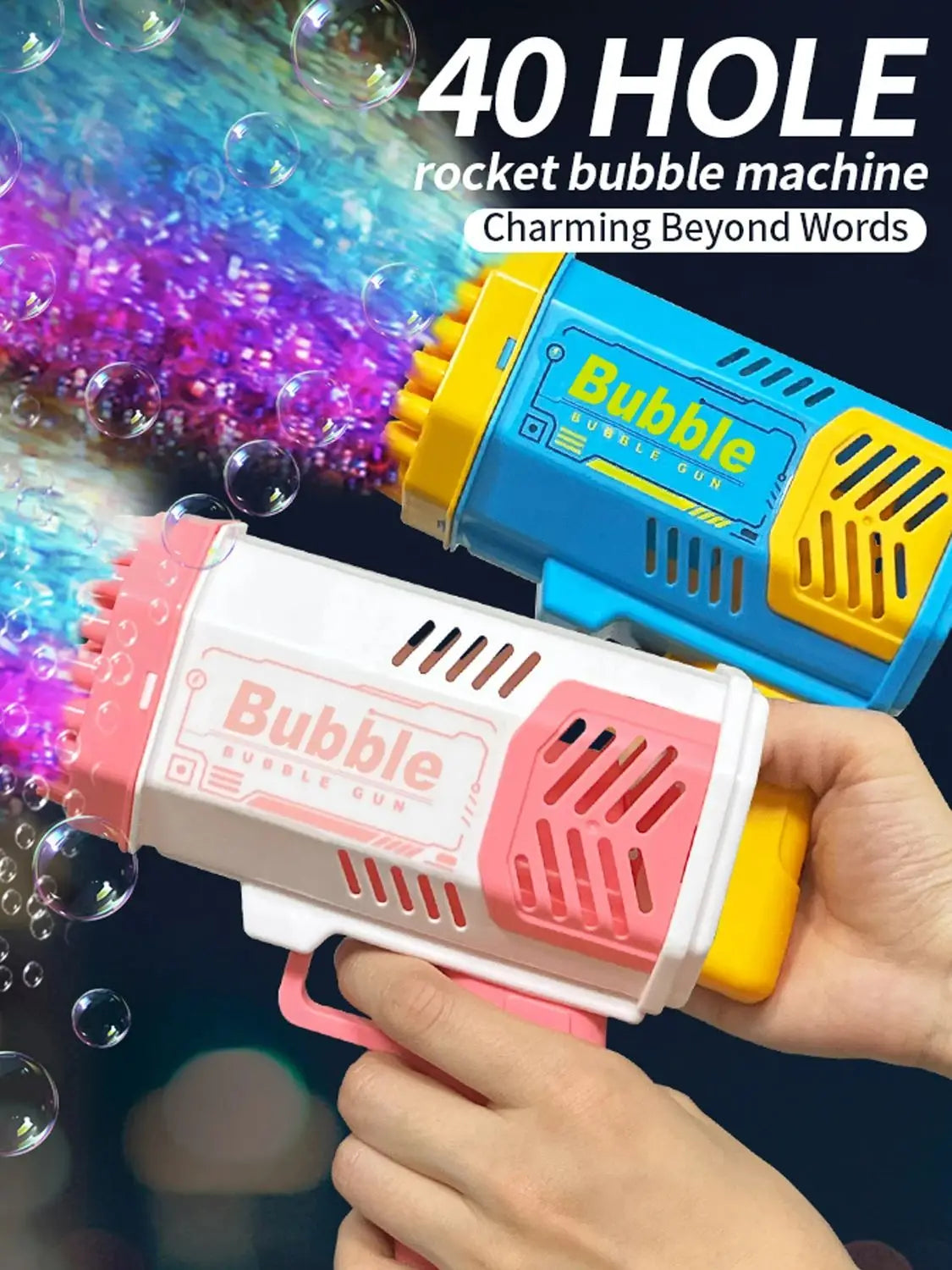 LAQTA fully automatic bubble machine emitting streams of bubbles, compact design perfect for parties and outdoor fun.