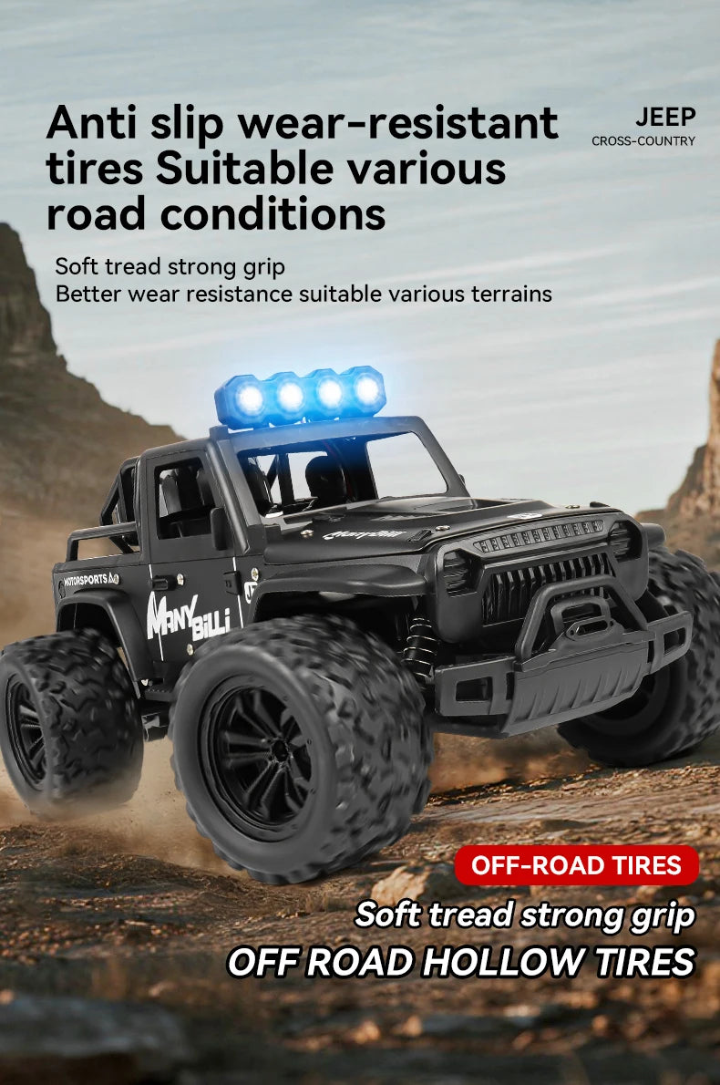 LAQTA 2.4GHz remote control Jeep with detailed exterior, rugged design, and off-road tires for outdoor adventure fun.