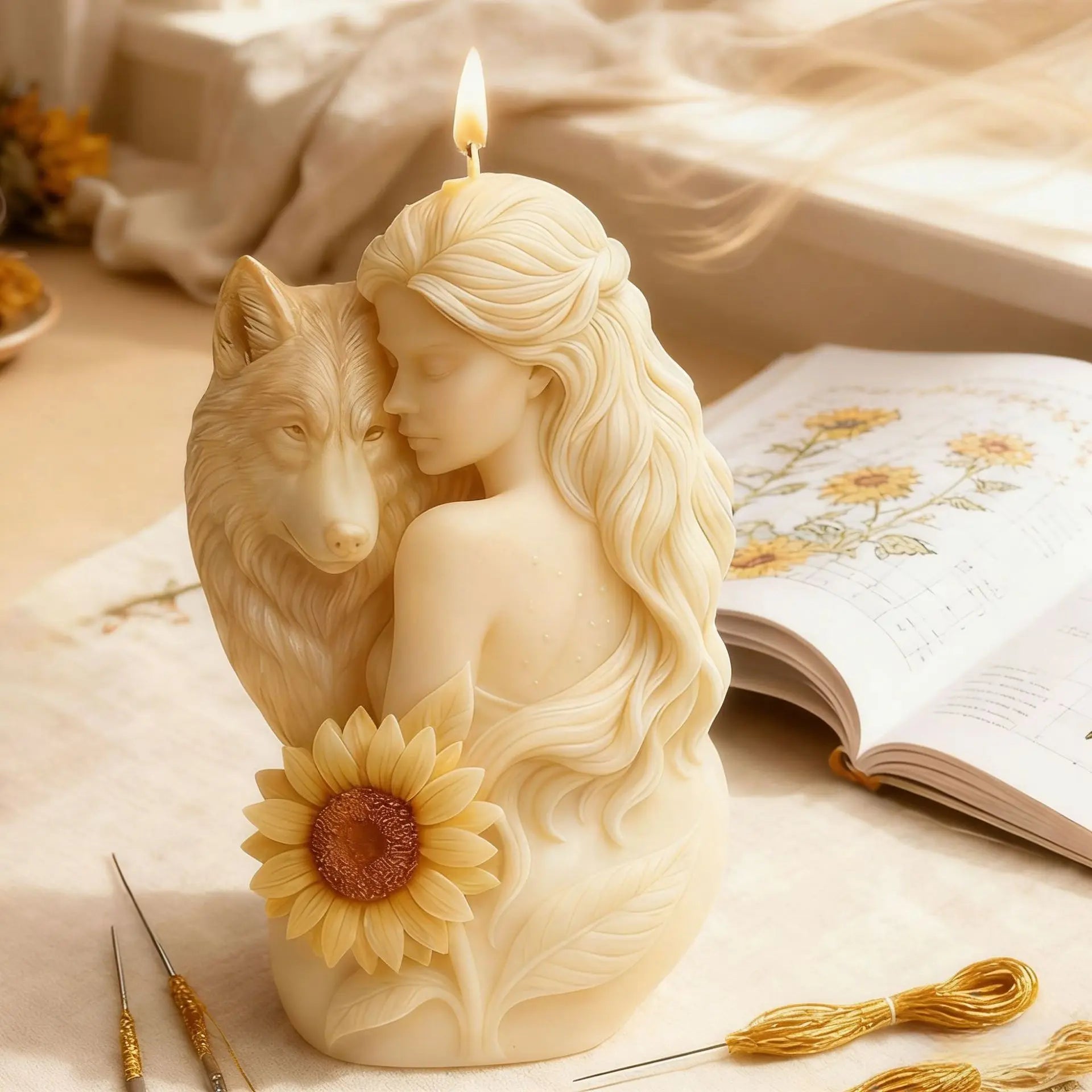 Silicone mold by LAQTA for creating 3D wolf girl candles, featuring detailed wolf and girl design in the mold.