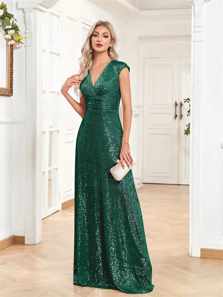 Elegant V-neck mermaid evening dress by LAQTA, featuring a fitted silhouette and flowing fabric, perfect for formal events.