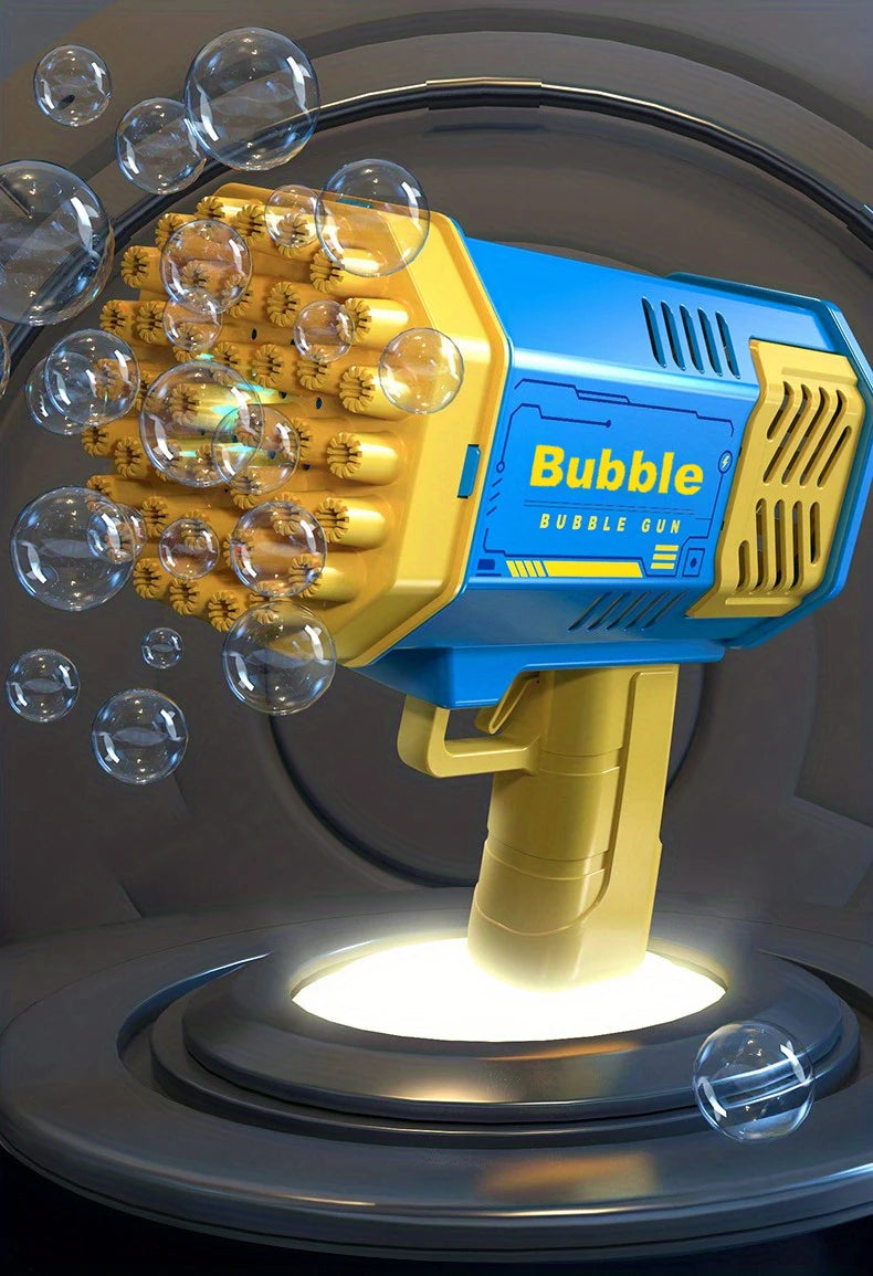 LAQTA fully automatic bubble machine creating colorful bubbles, with multiple nozzles and a compact design for outdoor fun.