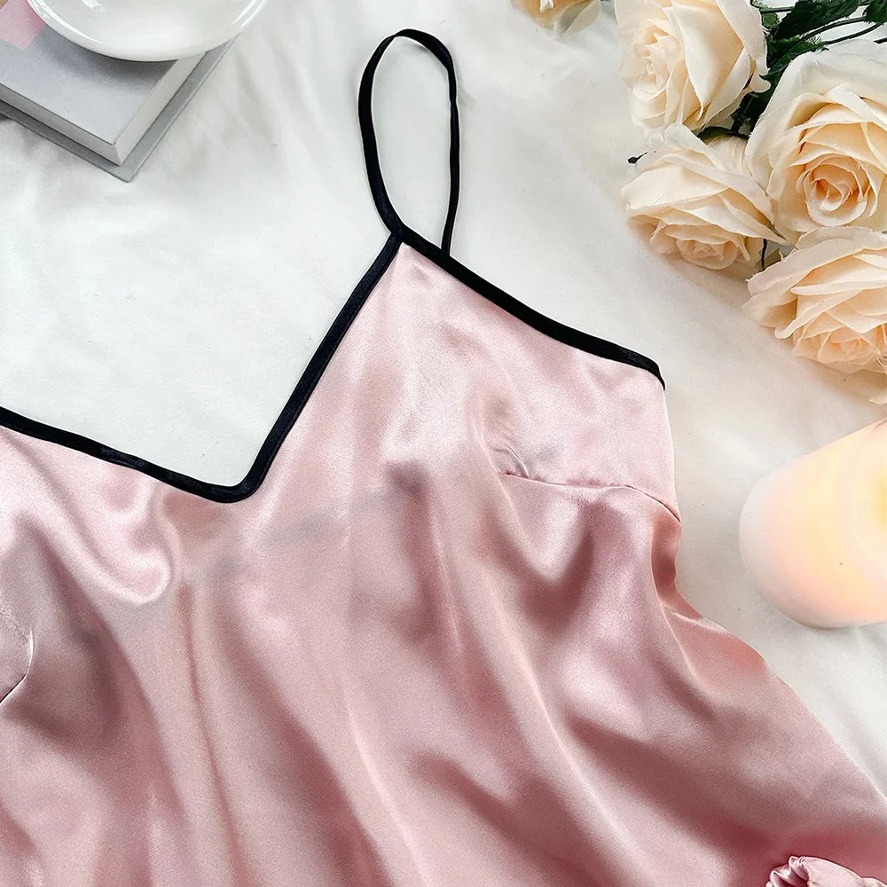 Women's smooth satin pajama set featuring a V-neck T-shirt in luxurious satin fabric, by LAQTA.