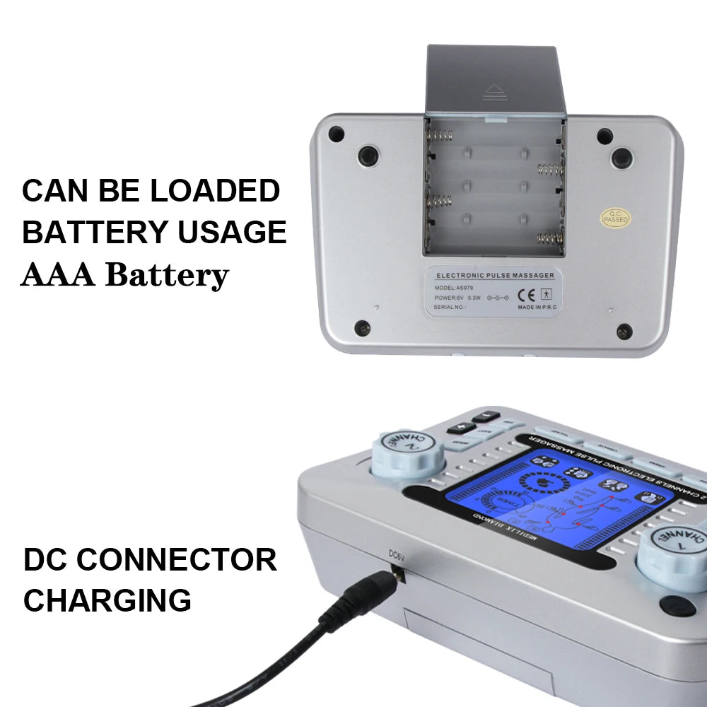 LAQTA digital electric pulse massager with 12 modes, featuring a sleek design and control buttons for pain relief and muscle relaxation.