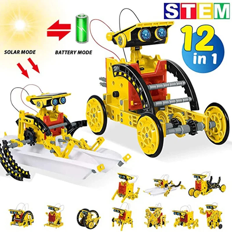 LAQTA 12-in-1 science experiment solar robot toy showing assembled robot with solar panel, plastic parts, and colorful components.