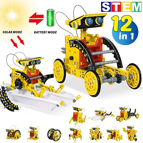 LAQTA 12-in-1 science experiment solar robot toy showing assembled robot with solar panel, plastic parts, and colorful components.