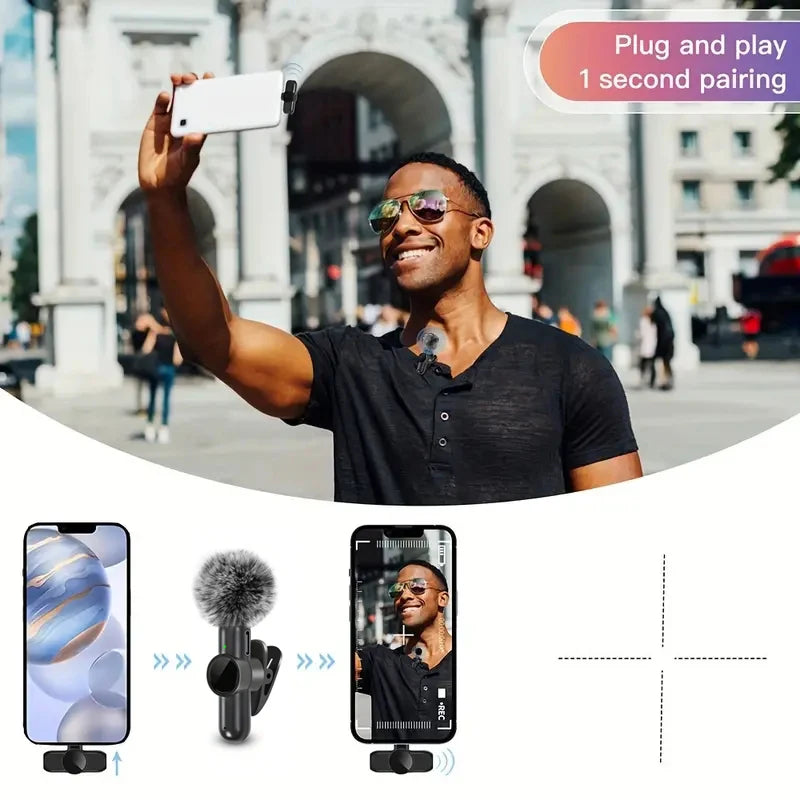 Wireless lavalier microphone by LAQTA with clip, compact design, and black color for professional audio recording and broadcasting.
