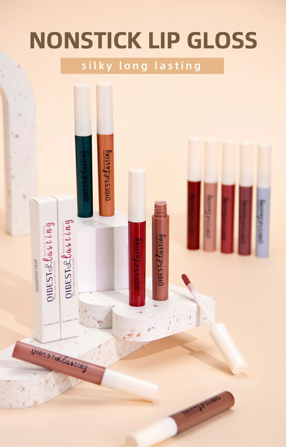 LAQTA matte liquid lipstick in deep nude shade, showcasing smooth, velvety application and bold color payoff.