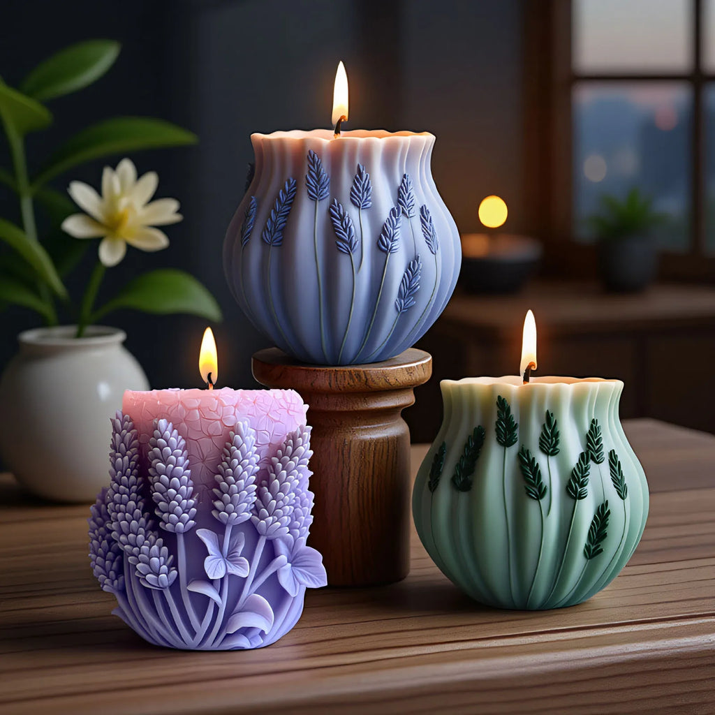 Lavender silicone candle mold by LAQTA showing a flexible mold with floral design for handmade candles