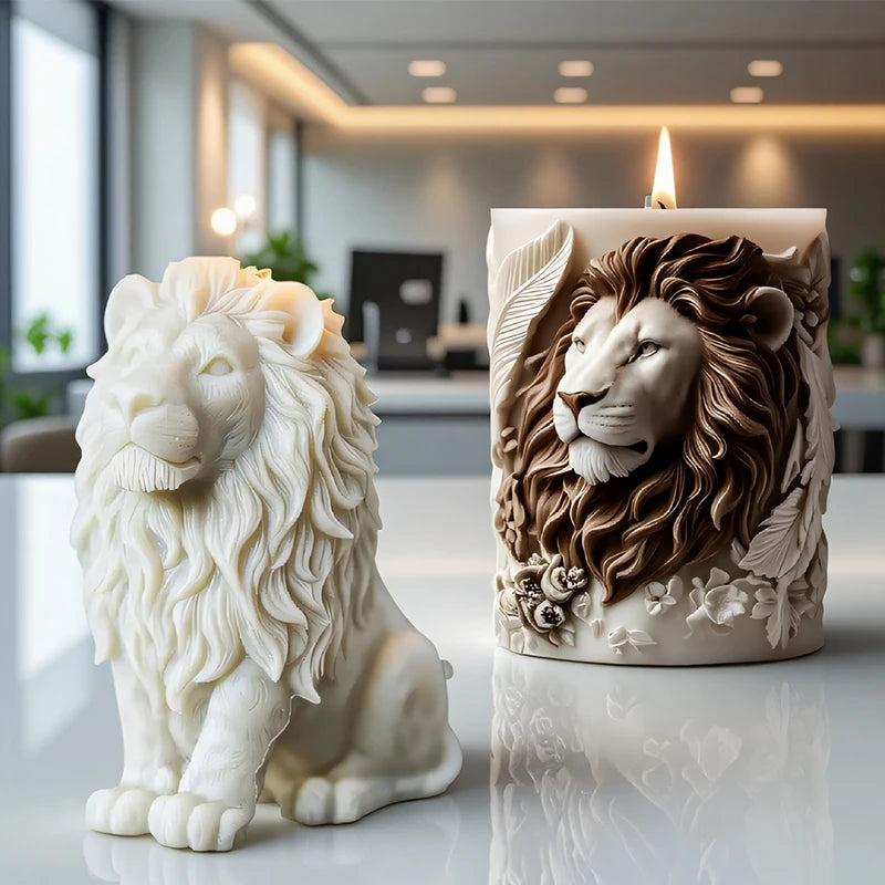 3D lion relief candle mold by LAQTA showing a detailed lion head design in silicone for candle making.