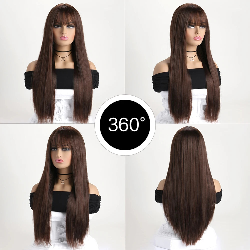 Long straight synthetic wig by LAQTA featuring sleek, shiny hair with natural-looking texture and a smooth finish.