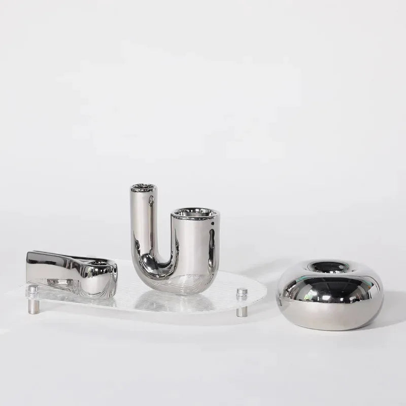 Luxury electroplating silver geometric ceramic candlestick by LAQTA, featuring a modern design and sleek finish.