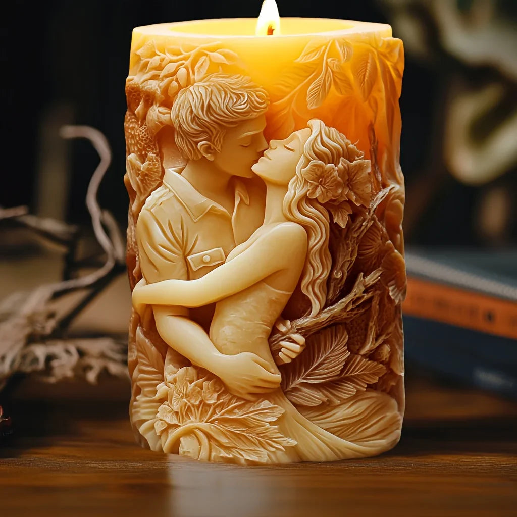 Embossed spherical candle mold for couples embrace design by LAQTA, showcasing the detailed textured surface for candle making.