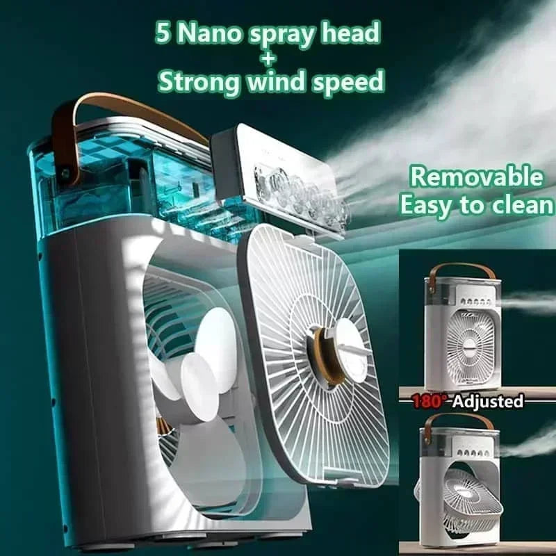 LAQTA 3-in-1 fan and air conditioner unit showing adjustable fan blades and sleek design in a modern indoor setting.