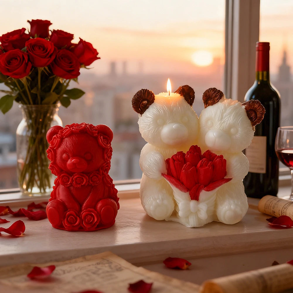 Silicone candle mold shaped like a love rose bear, designed by LAQTA, with detailed petal and bear features for crafting candles.