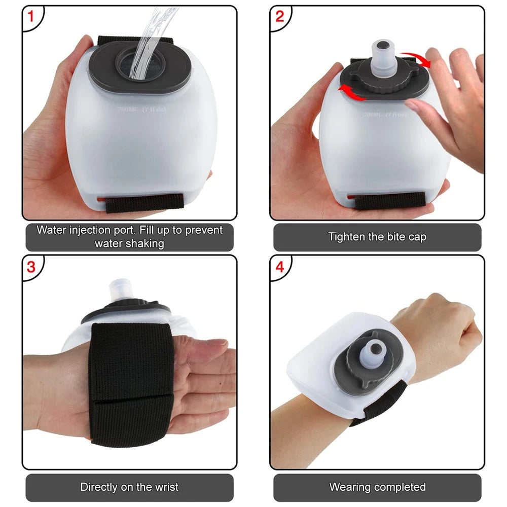 LAQTA wrist water bottle with adjustable strap and built-in hydration container for convenient on-the-go drinking.