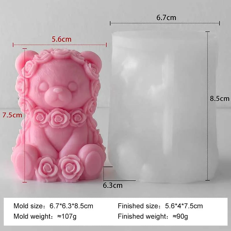 Love Rose Bear silicone candle mold by LAQTA, showing a detailed pink mold with rose and bear shapes for crafting candles.