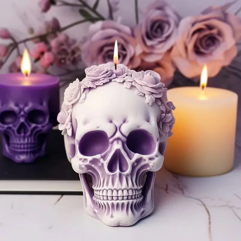 Silicone candle mold from LAQTA shaped like a 3D rose skull with detailed floral and skull features for creative candle making.