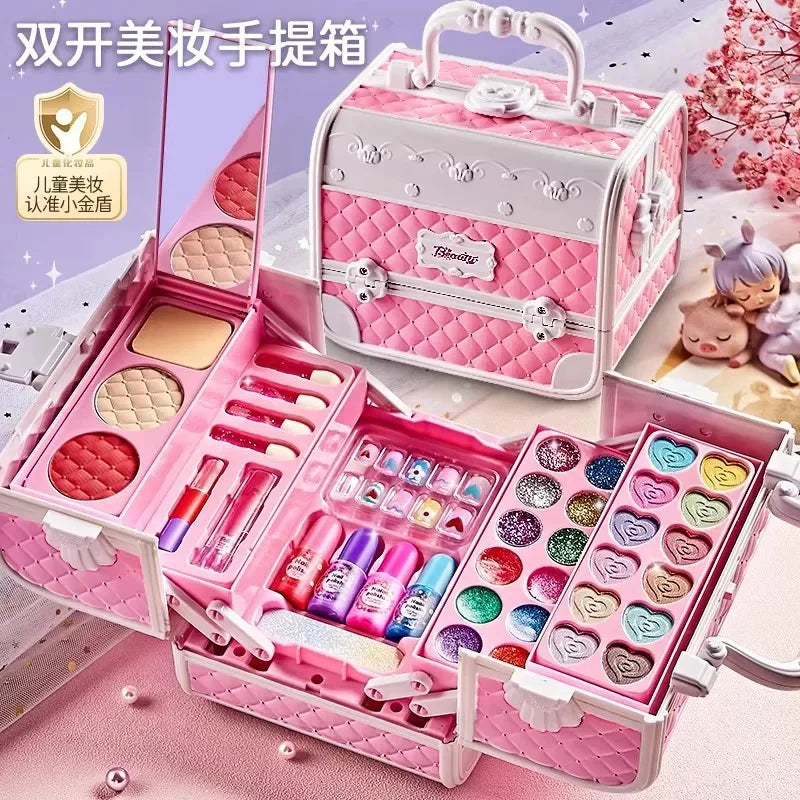 LAQTA Princess Beauty makeup suitcase with colorful exterior and compartments for cosmetics and brushes.
