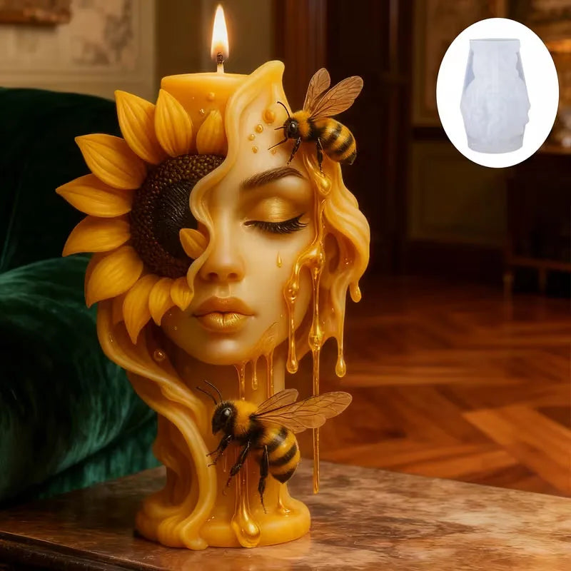 Sunflower and bee-shaped candle mold by LAQTA, showing the detailed silicone mold for making decorative candles.