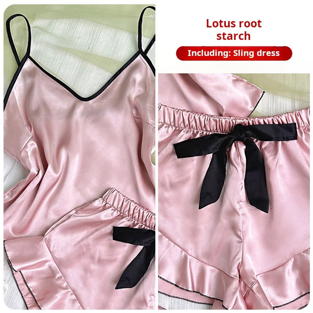 Women's smooth satin pajamas with a V-neck T-shirt from LAQTA, featuring a soft, shiny fabric and relaxed fit.