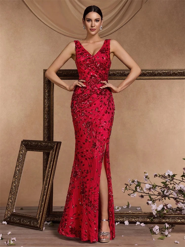 Elegant slit evening dress by LAQTA, showcasing a stylish, flowing design with a high slit and sophisticated silhouette.