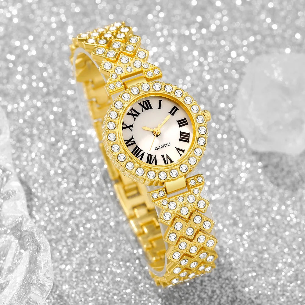 Elegant LAQTA women’s watches with rhinestone accents, featuring five stylish timepieces with shiny dials and leather straps.