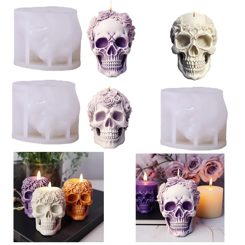 Silicone mold for Rose Relief Skull Candle from LAQTA, showing detailed skull and rose designs for candle making.