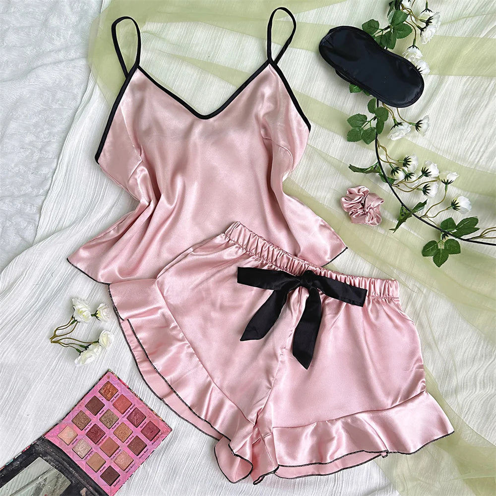 Women's smooth satin pajama set featuring a V-neck T-shirt from LAQTA, shown in a comfortable, shiny satin fabric.