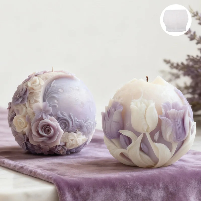 LAQTA floral moon ball spherical candle silicone mold, detailed design for creating decorative candles.