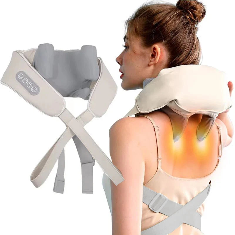 LAQTA neck massager with ergonomic design and adjustable straps, shown resting on a person's neck in a calming home setting.