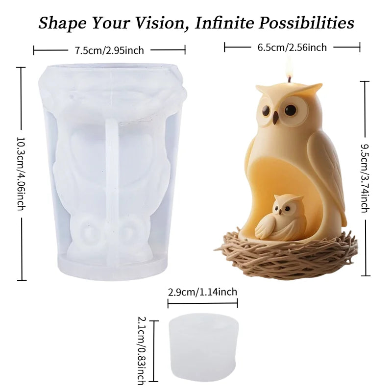 3D owl and baby candle mold by LAQTA featuring detailed owl and tiny owl designs for creative candle making.