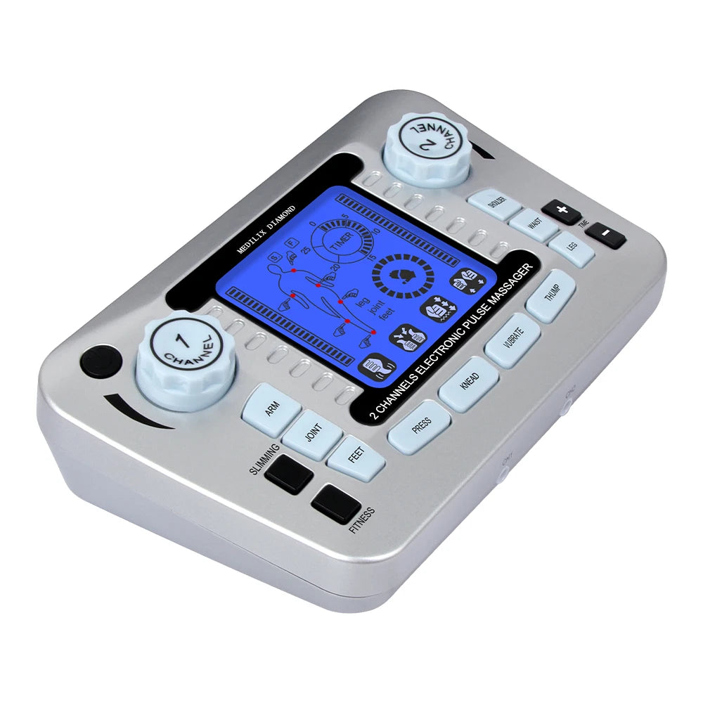 LAQTA digital electric pulse massager with 12 modes, showing its control panel and sleek design for pain relief.