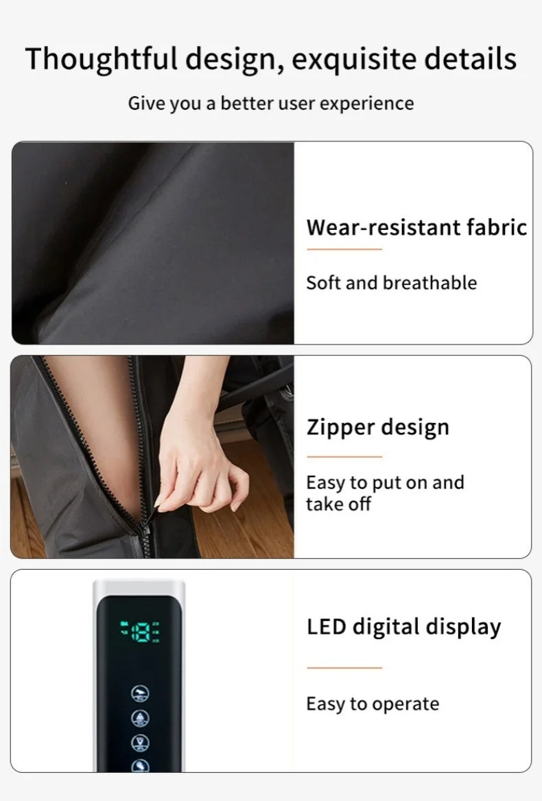 LAQTA electric pneumatic leg massager with adjustable straps and control panel, designed to soothe tired legs and improve circulation.
