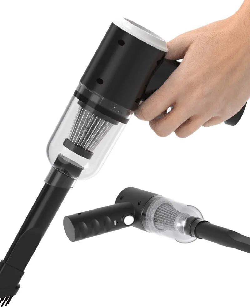 LAQTA wireless car vacuum cleaner shown with compact design and hose attachment for easy cleaning inside a vehicle.